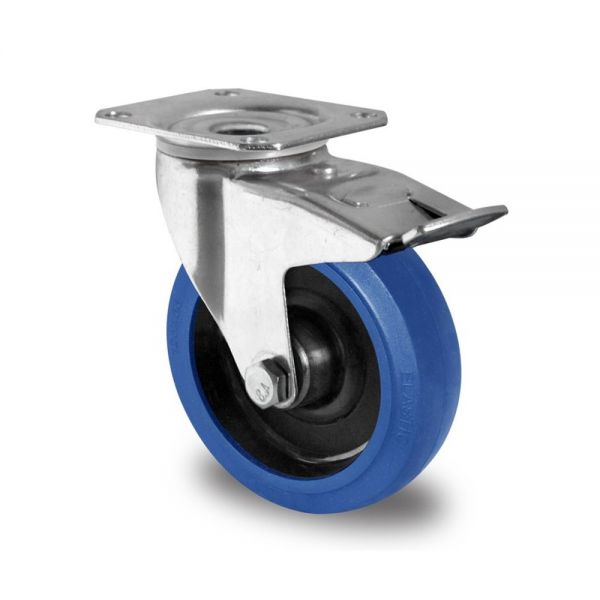 Blue Wheels Transportrollen 100 mm Vollgummi Rad Rolle Schwerlastrollen Bremsrolle